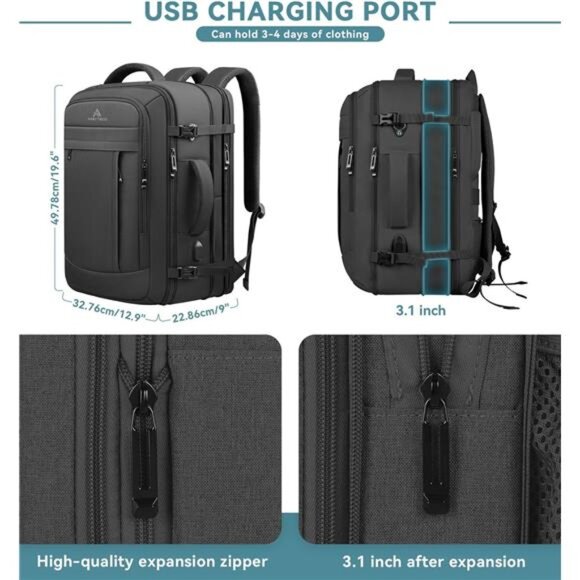 Travel Backpack, 50L Expandable Extra Large Laptop Backpack, Carry On Backpack - Picture 2 of 7